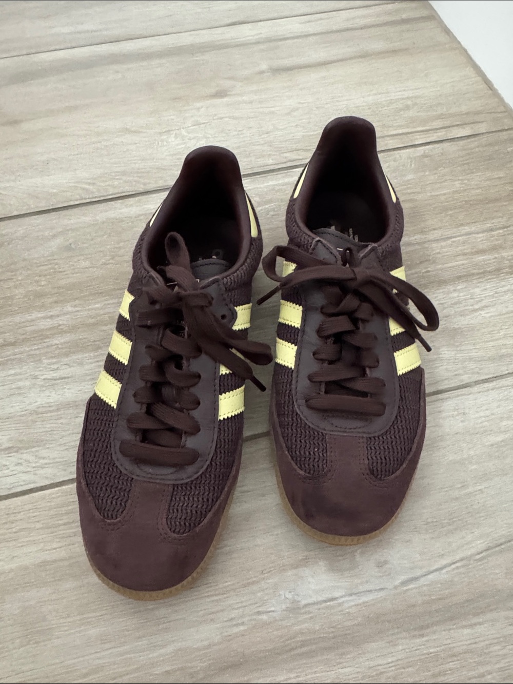 adidas Women’s Brown Athletic Sneakers with yellow Stripes